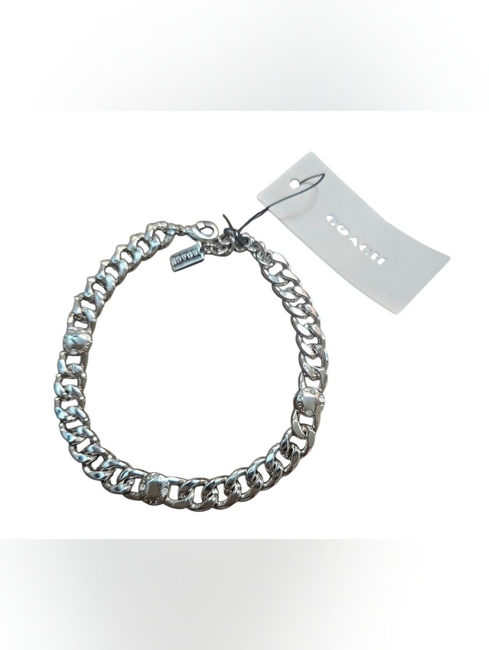 COACH Silver-Tone Chunky Chain Bracelet with Logo Tag